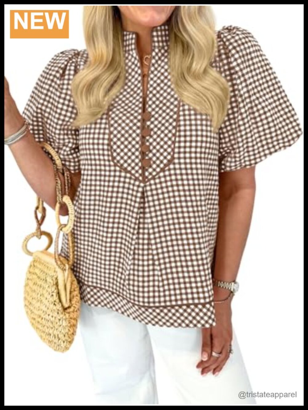 Women's Puff Short Sleeve V-Neck Plaid Button Blouse